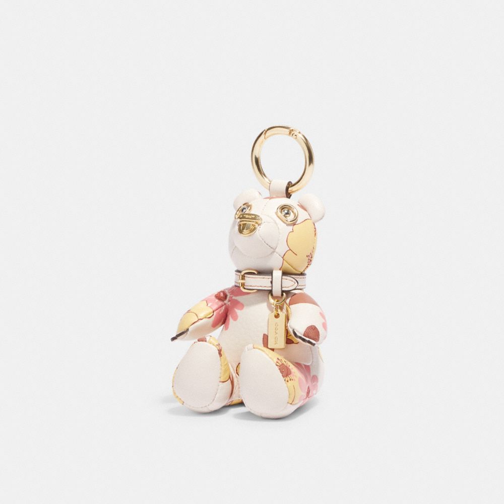 COACH CH854 Bear Bag Charm With Floral Cluster Print GOLD/CHALK MULTI