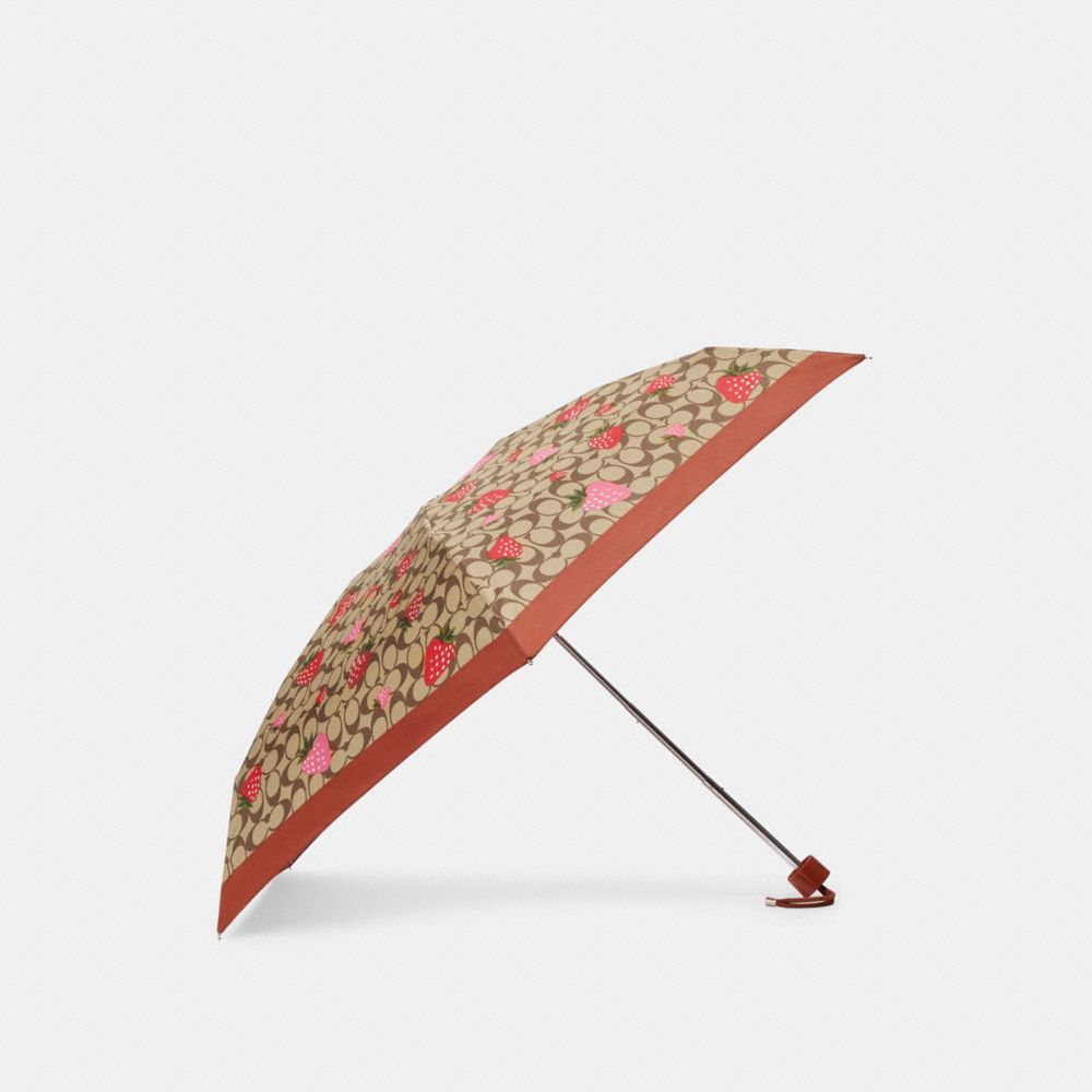 COACH CI017 Mini Umbrella In Signature Wild Strawberry Print GOLD/KHAKI MULTI