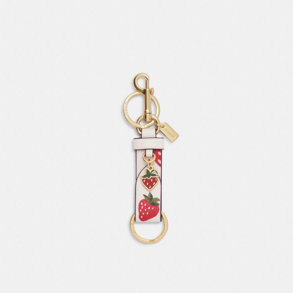 COACH CI018 Trigger Snap Bag Charm With Wild Strawberry Print Gold/Chalk Multi