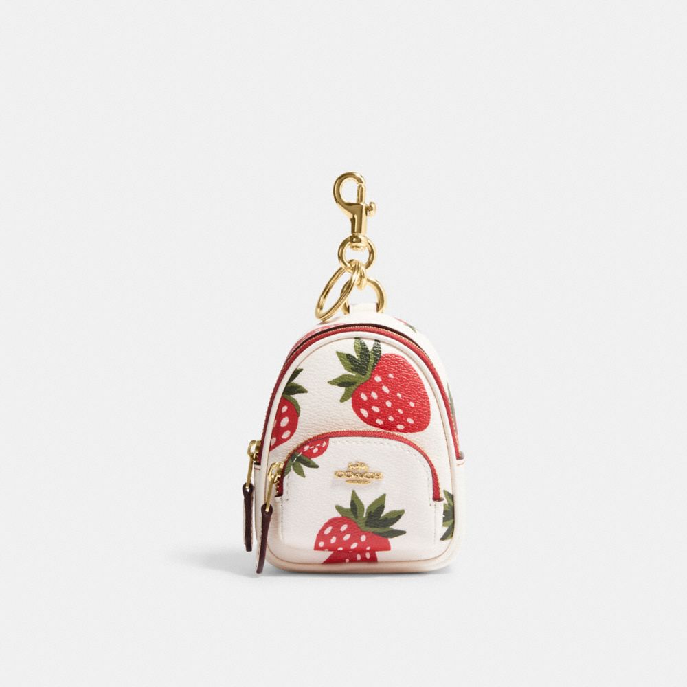 COACH CI019 Mini Court Backpack Bag Charm With Wild Strawberry Print GOLD/CHALK MULTI