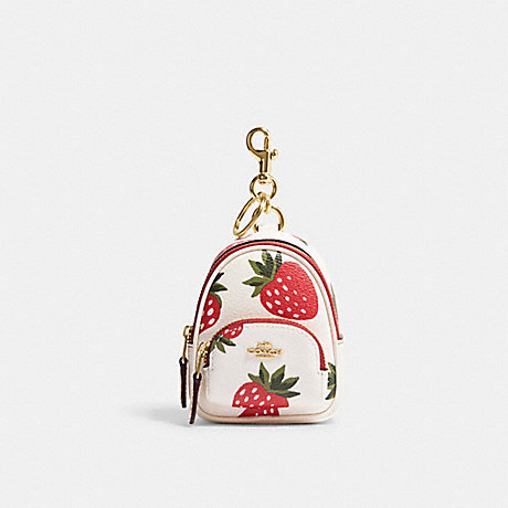 COACH CI019 Mini Court Backpack Bag Charm With Wild Strawberry Print Gold/Chalk Multi