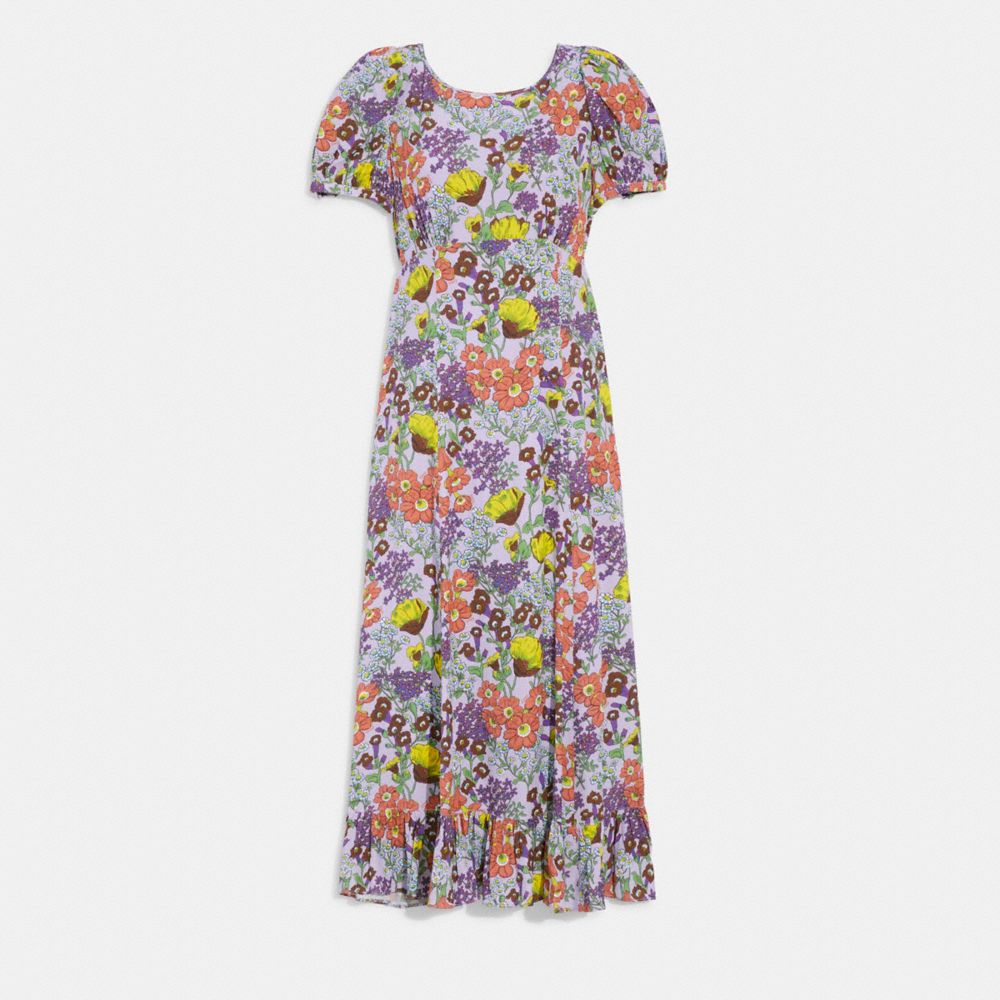 COACH&reg;,Floral Midi Dress,Viscose,Polyester,A-Line,Ruched,Casual,Lavender Multi