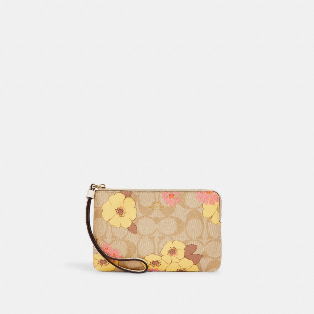 Corner Zip Wristlet In Signature Canvas With Floral Cluster Print - CI856 - Gold/Light Khaki Multi