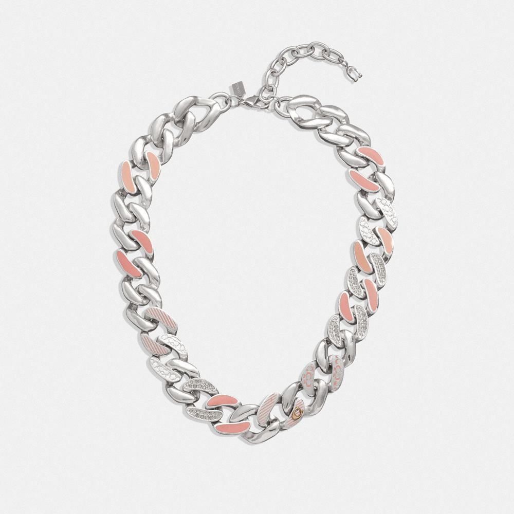 CI961 - Quilted Signature Link Enamel Pavé Necklace Silver/Pink