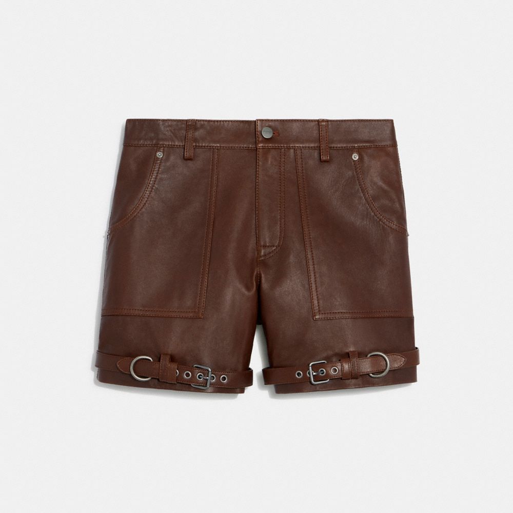 COACH CJ346 Distressed Leather Shorts Brown