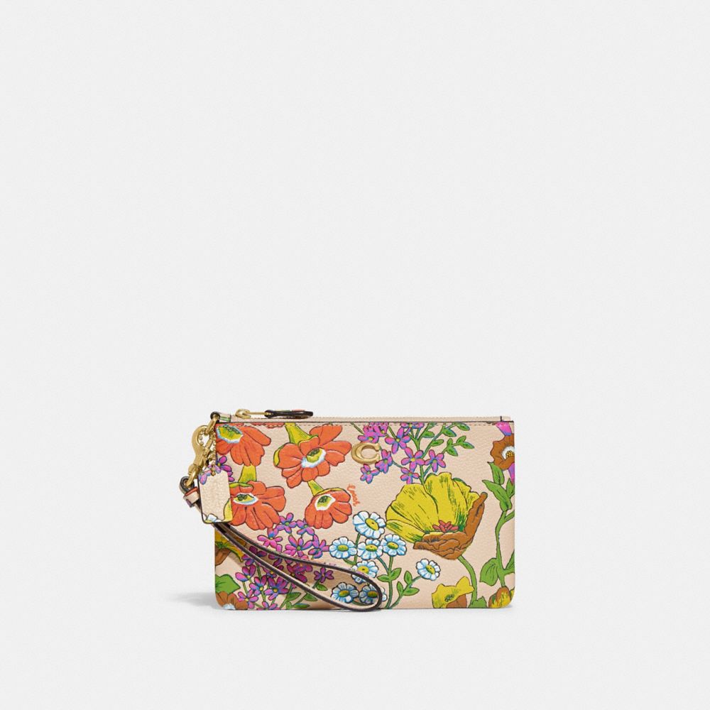 COACH CJ374 Small Wristlet With Floral Print Brass/Ivory Multi