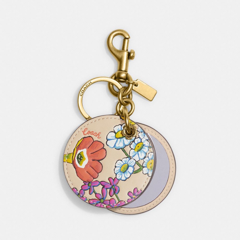 Mirror Bag Charm With Floral Print - CJ437 - Brass/Ivory Multi