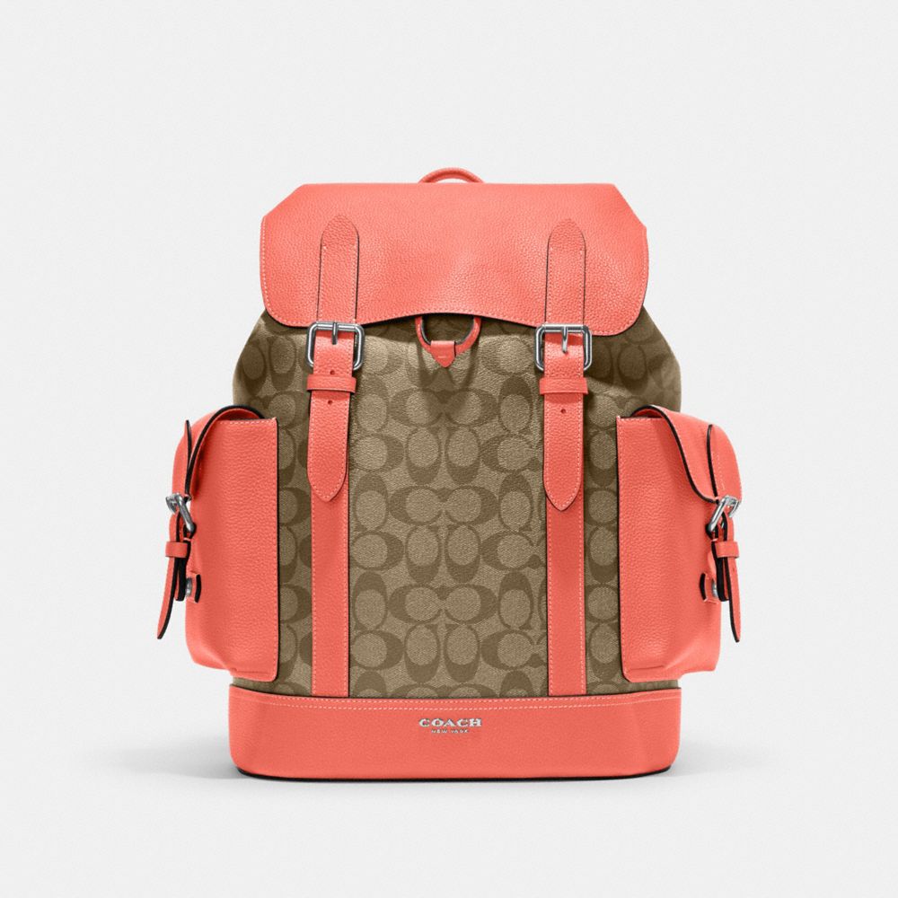 Hudson Backpack In Colorblock Signature Canvas - CJ493 - Silver/Khaki/Tangerine