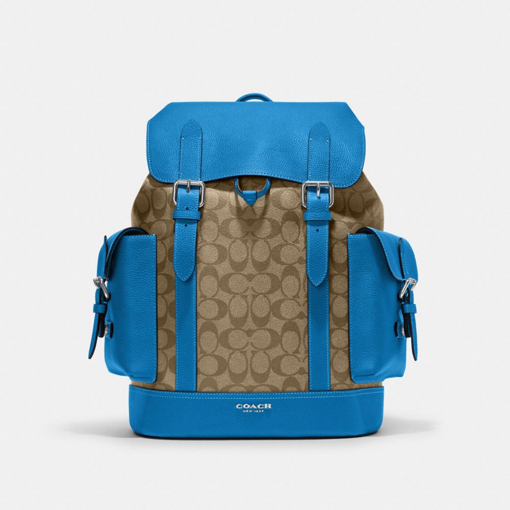 COACH CJ493 Hudson Backpack In Colorblock Signature Canvas Silver/Khaki/Racer Blue