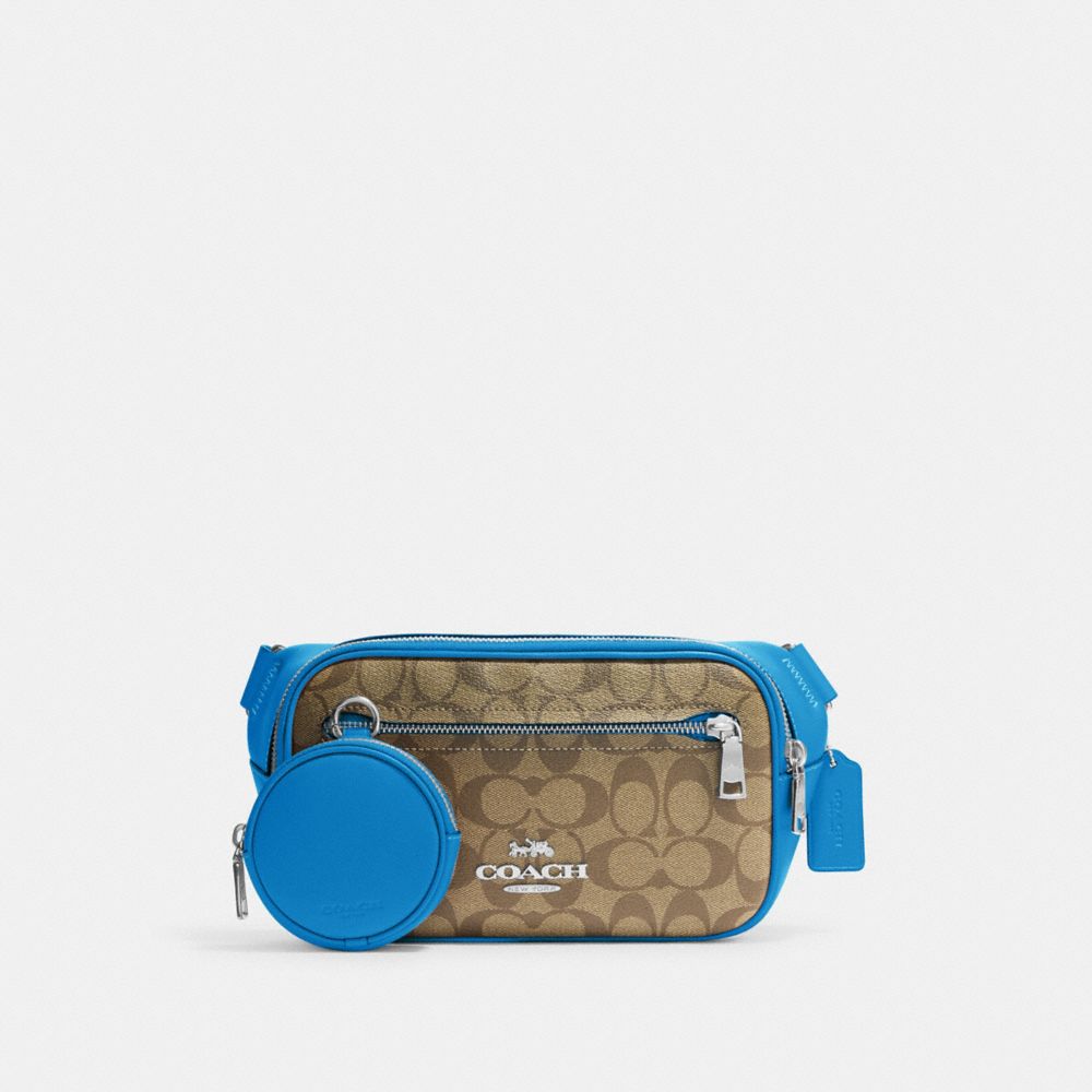 COACH CJ505 Elias Belt Bag In Colorblock Signature Canvas SILVER/KHAKI/RACER BLUE