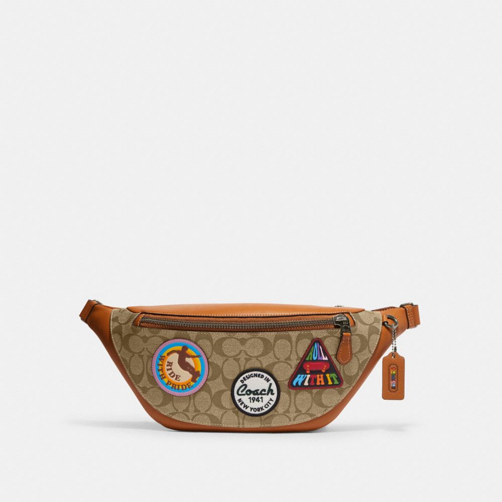 COACH CJ513 Warren Belt Bag In Signature Canvas With Patches Gunmetal/Khaki Multi