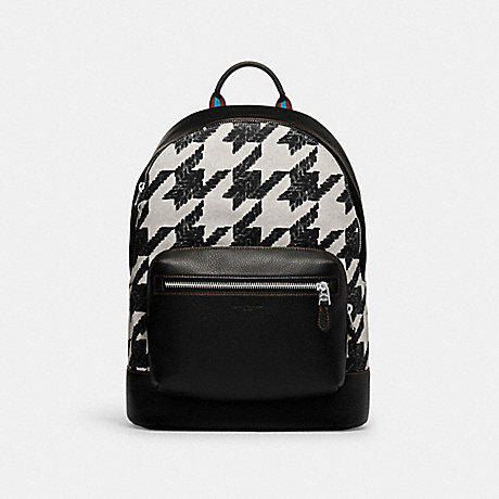 COACH CJ514 West Backpack With Houndstooth Print Silver/Cream/Black