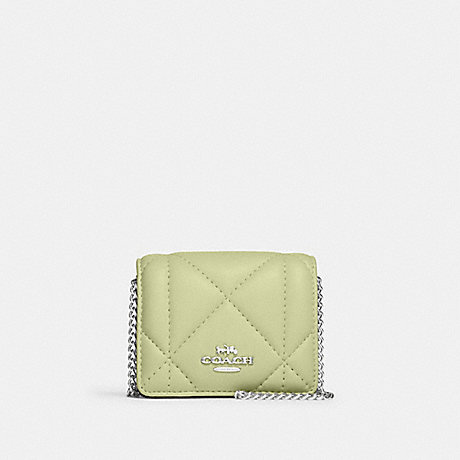 COACH CJ528 Mini Wallet On A Chain With Puffy Diamond Quilting Silver/Pale-Lime