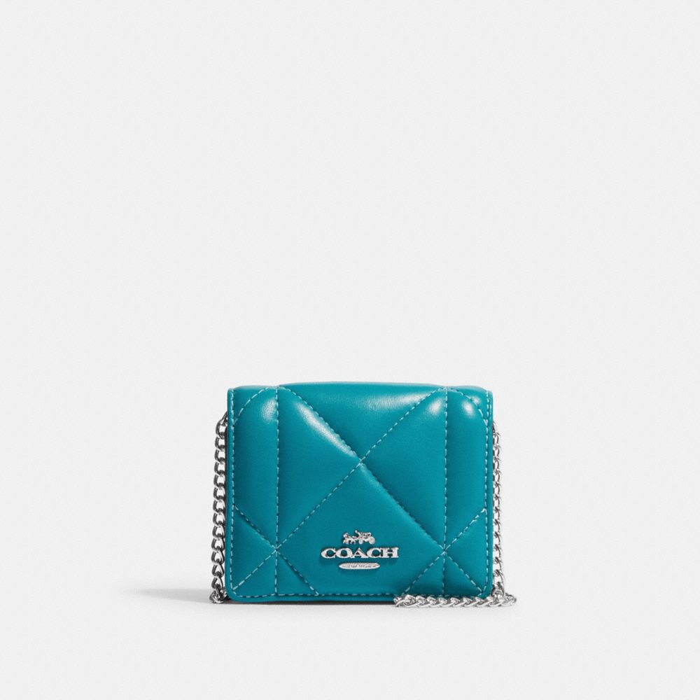 COACH CJ528 Mini Wallet On A Chain With Puffy Diamond Quilting SILVER/TEAL