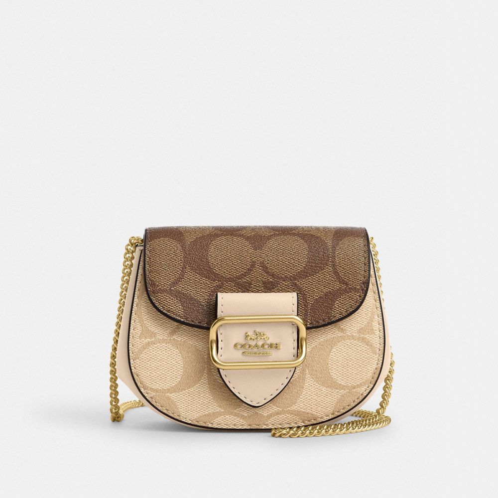 COACH CJ541 Morgan Card Case On A Chain In Blocked Signature Canvas GOLD/LIGHT KHAKI/IVORY MULTI