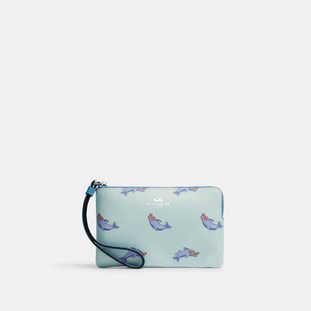 COACH CJ568 Corner Zip Wristlet With Dolphin Print SILVER/BLUE MULTI