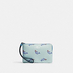Corner Zip Wristlet With Dolphin Print - CJ568 - Silver/Blue Multi