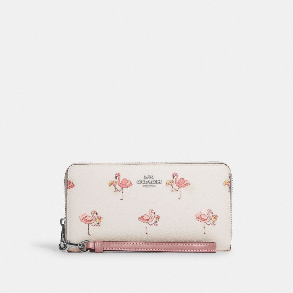 COACH CJ569 Long Zip Around Wallet With Flamingo Print Silver/Chalk/Pink Multi