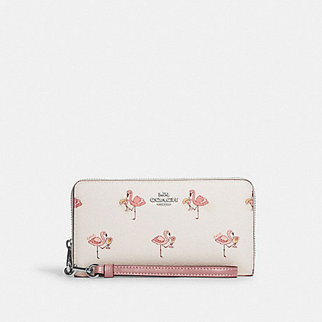 COACH CJ569 Long Zip Around Wallet With Flamingo Print Silver/Chalk/Pink-Multi