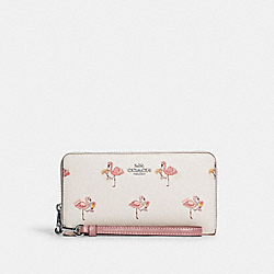 COACH CJ569 Long Zip Around Wallet With Flamingo Print SILVER/CHALK/PINK MULTI