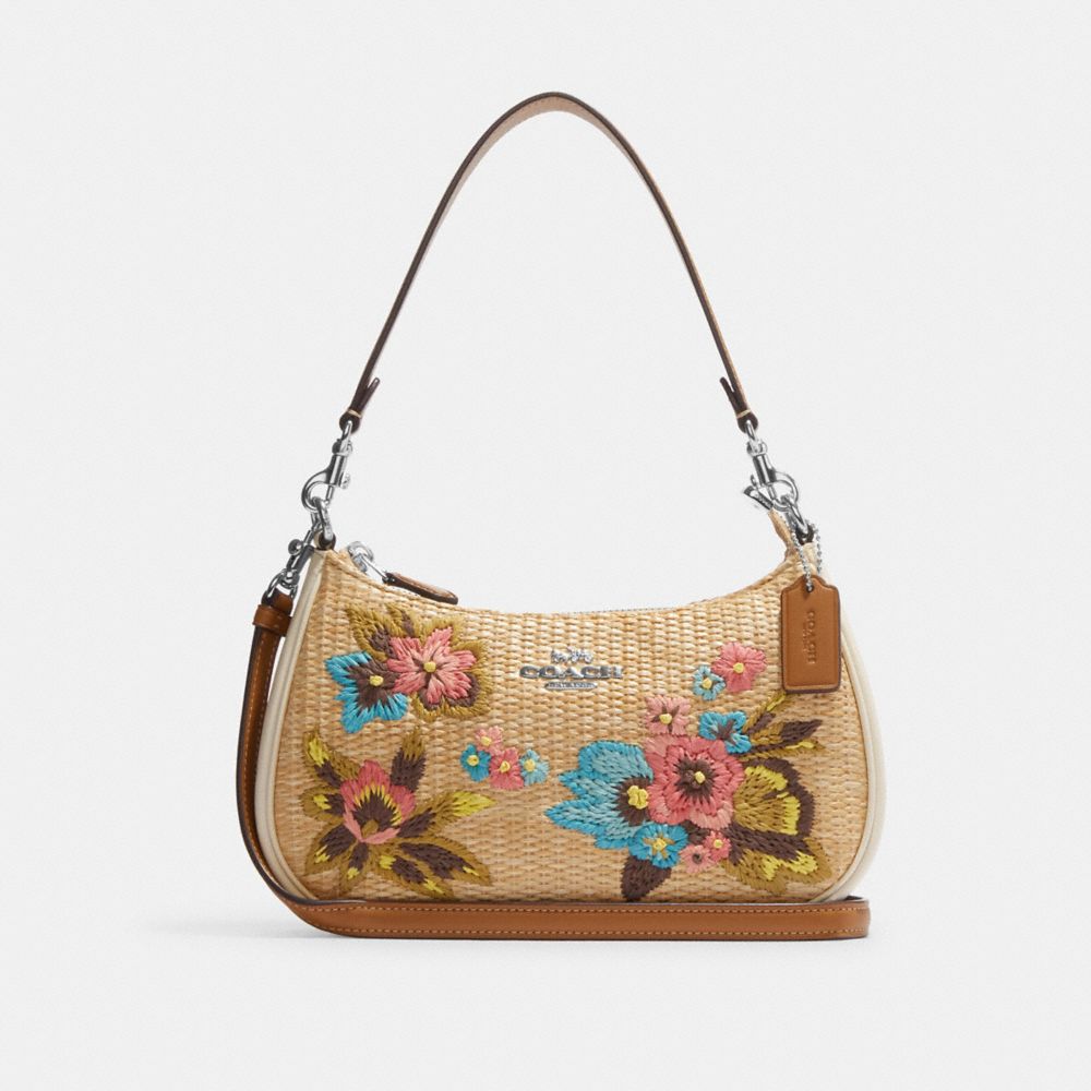 COACH CJ572 Teri Shoulder Bag With Floral Embroidery SILVER/NATURAL MULTI