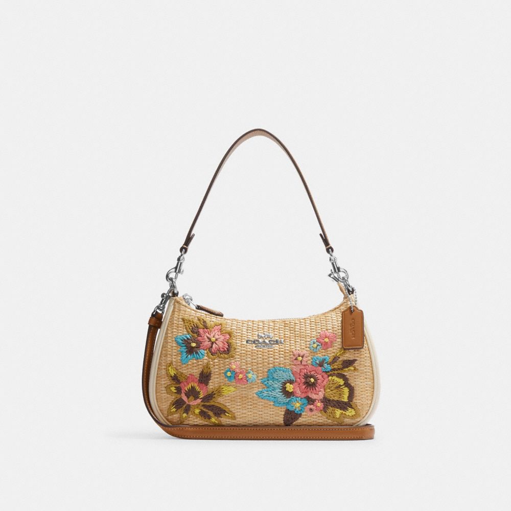 COACH CJ572 Teri Shoulder Bag With Floral Embroidery Silver/Natural Multi