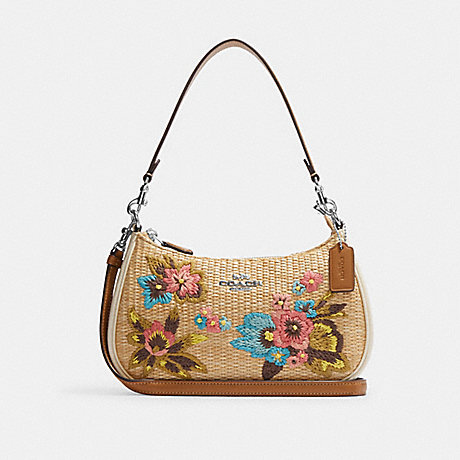 COACH CJ572 Teri Shoulder Bag With Floral Embroidery Silver/Natural Multi