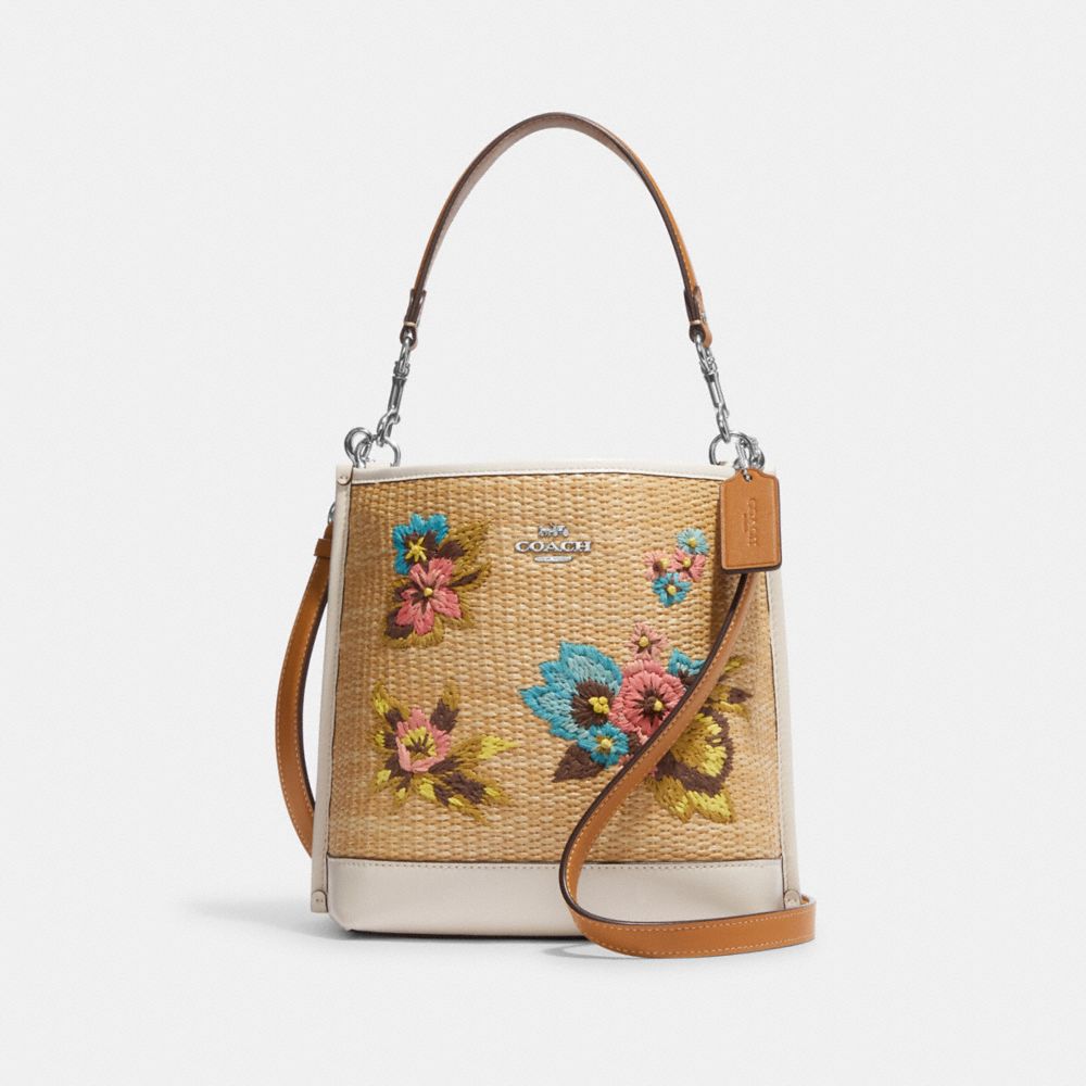 COACH CJ573 Mollie Bucket Bag 22 With Floral Embroidery Silver/Natural Multi