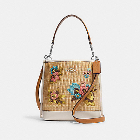 COACH CJ573 Mollie Bucket Bag 22 With Floral Embroidery Silver/Natural-Multi