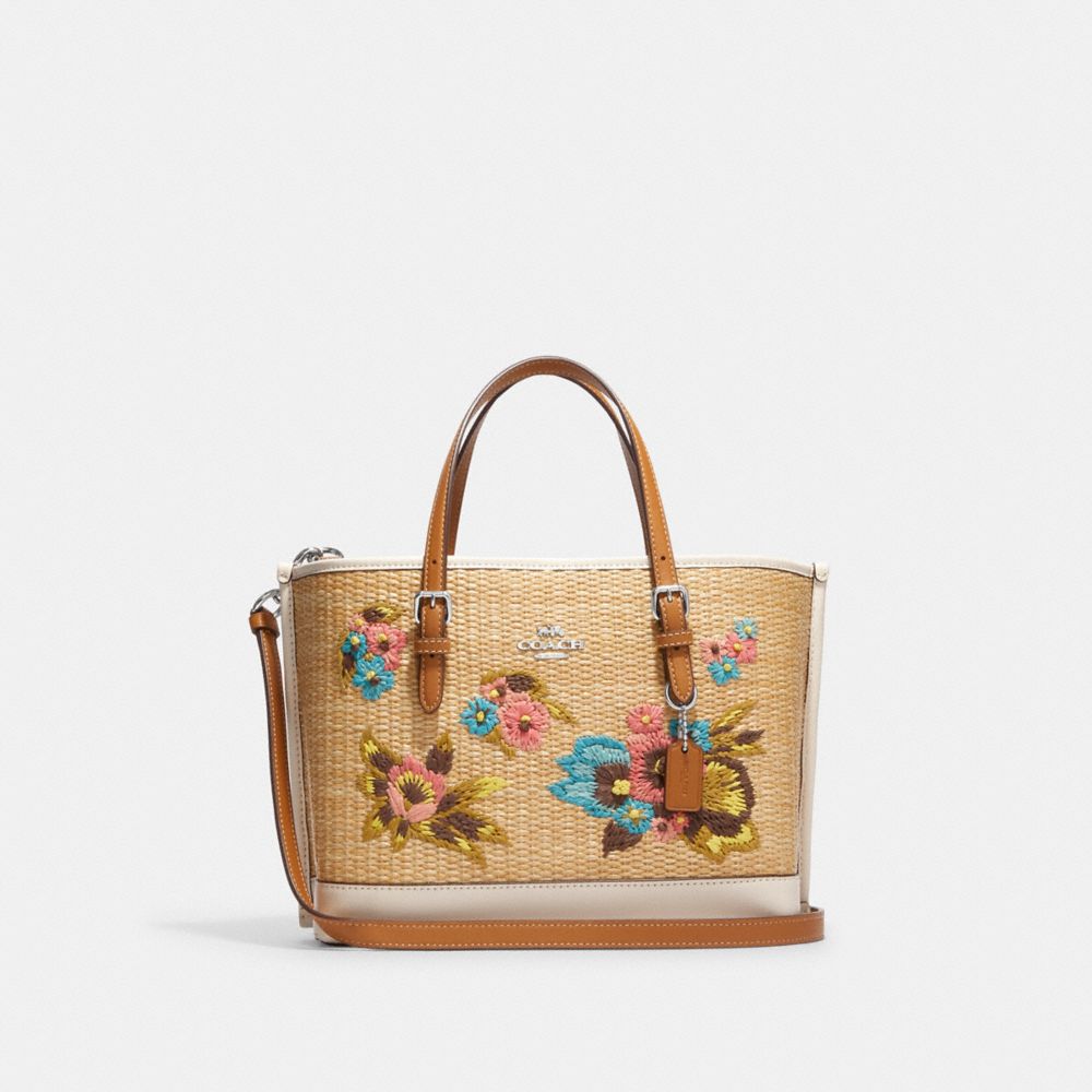 COACH CJ574 Mollie Tote 25 With Floral Embroidery Silver/Natural Multi