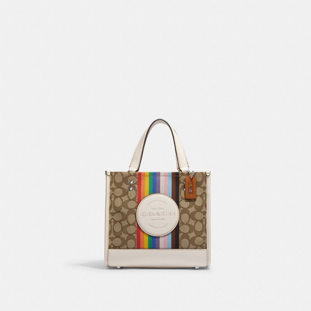 COACH CJ576 Dempsey Tote 22 In Signature Jacquard With Rainbow Stripe And Coach Patch Silver/Khaki Multi