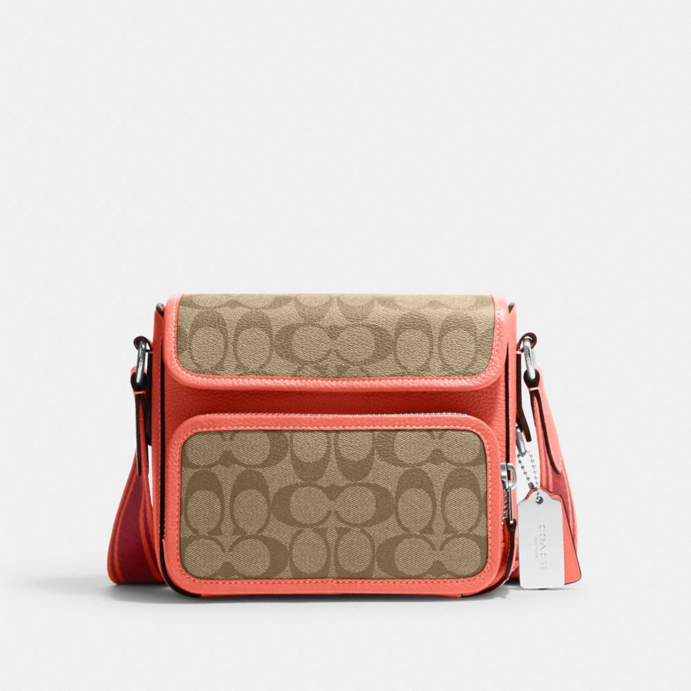 Sullivan Flap Crossbody In Colorblock Signature Canvas - CJ591 - Silver/Khaki/Tangerine