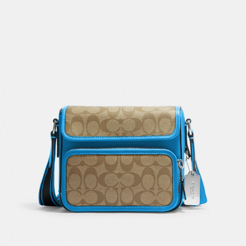 COACH CJ591 Sullivan Flap Crossbody In Colorblock Signature Canvas Silver/Khaki/Racer Blue