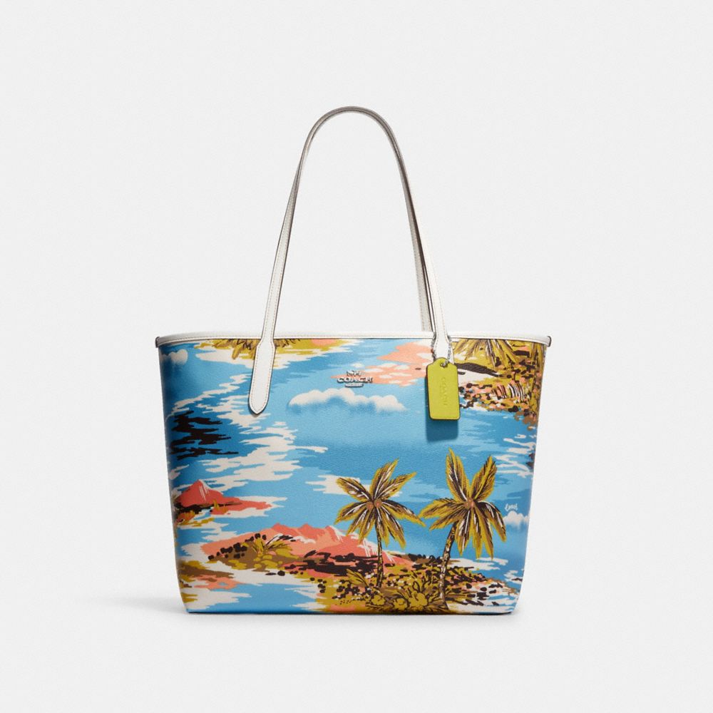 City Tote With Hawaiian Print - CJ599 - Silver/Blue Multi