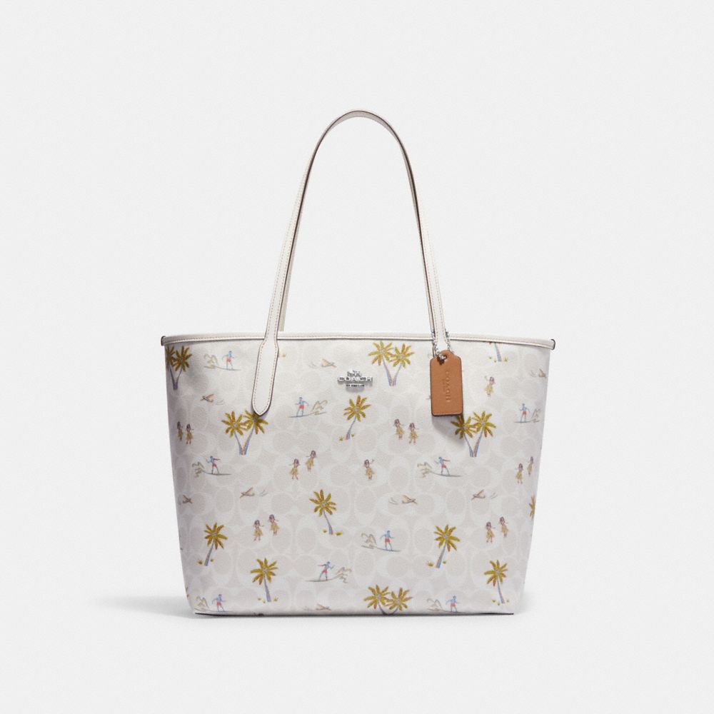 COACH CJ601 City Tote In Signature Canvas With Hula Print Silver/Chalk/Glacier White Multi