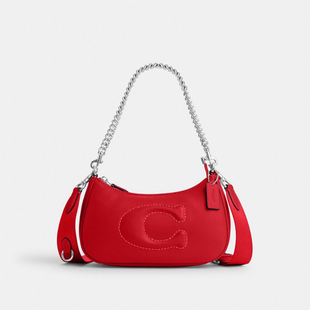 COACH CJ608 Teri Shoulder Bag With Signature Quilting SILVER/BRIGHT POPPY