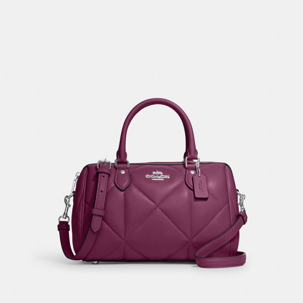 COACH CJ610 Rowan Satchel With Puffy Diamond Quilting Silver/Deep Berry