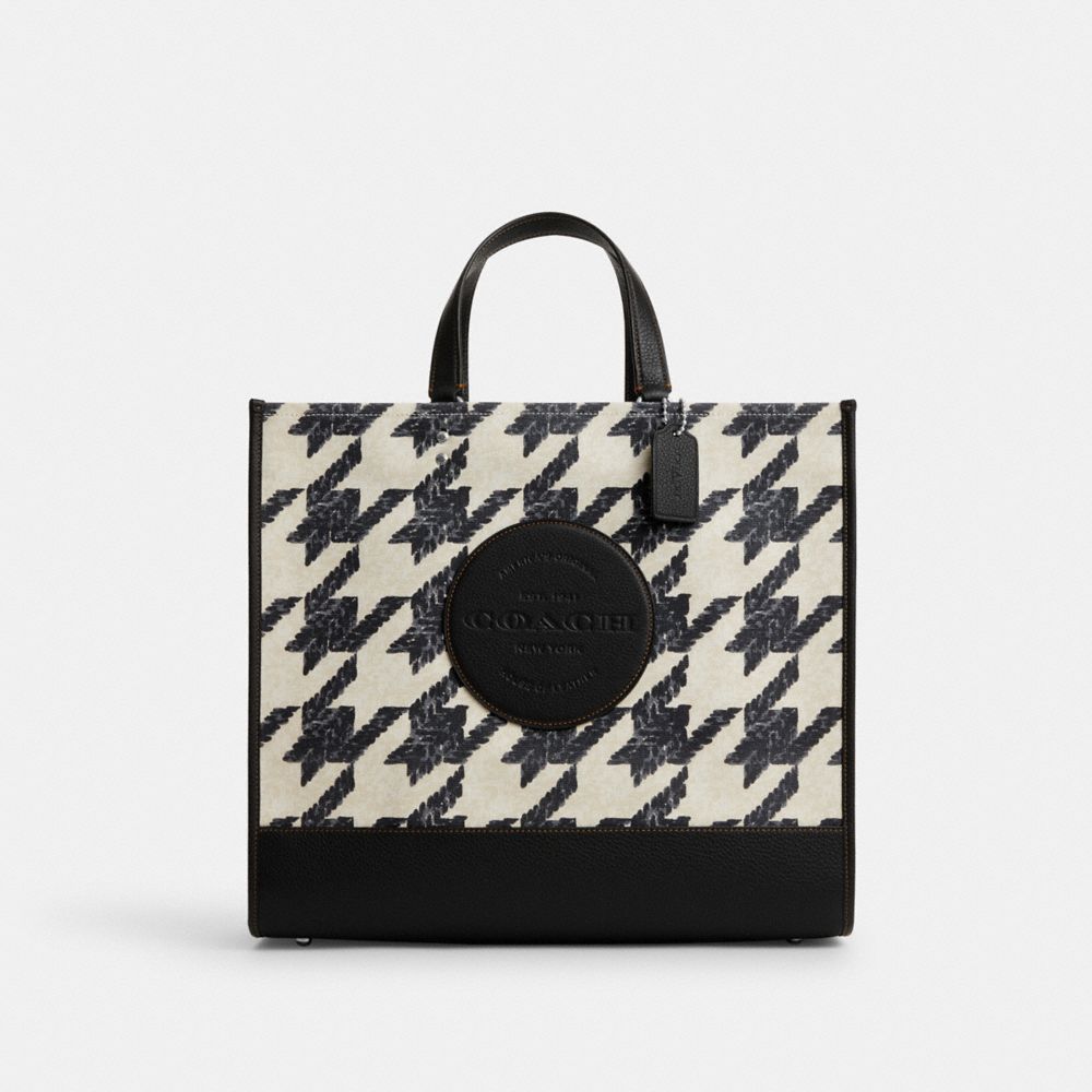 COACH CJ624 Dempsey Tote 40 With Houndstooth Print And Patch SILVER/CREAM/BLACK