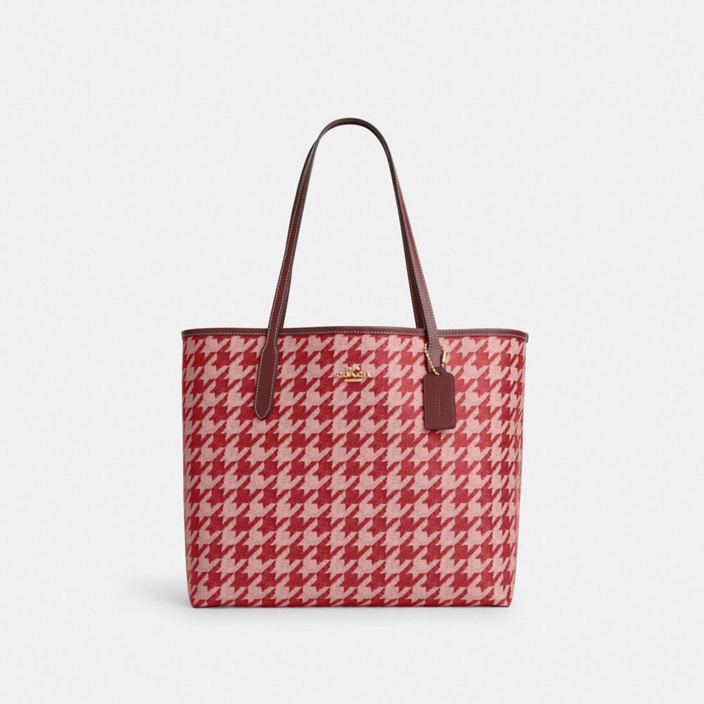 COACH CJ626 City Tote With Houndstooth Print IM/PINK/RED