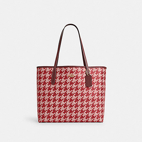 COACH CJ626 City Tote With Houndstooth Print Im/Pink/Red