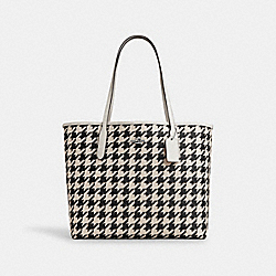 COACH CJ626 City Tote With Houndstooth Print SILVER/CREAM/BLACK