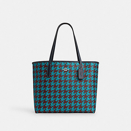 COACH CJ626 City Tote With Houndstooth Print Silver/Teal/Wine