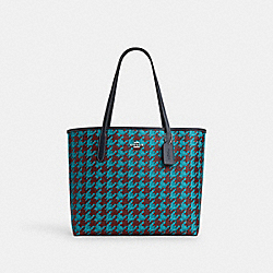 City Tote With Houndstooth Print - CJ626 - Silver/Teal/Wine
