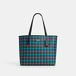 COACH CJ626 City Tote With Houndstooth Print SILVER/TEAL/WINE