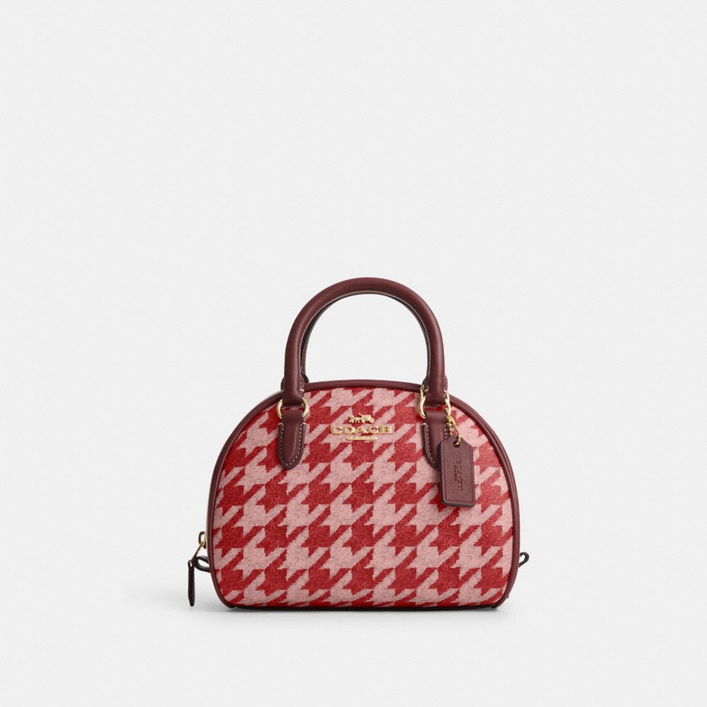 COACH CJ628 Sydney Satchel With Houndstooth Print Im/Pink/Red