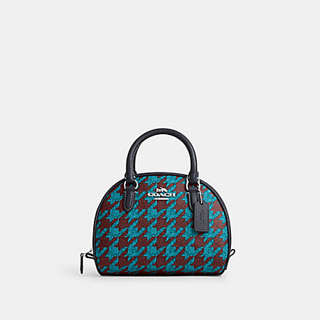 COACH CJ628 Sydney Satchel With Houndstooth Print Silver/Teal/Wine
