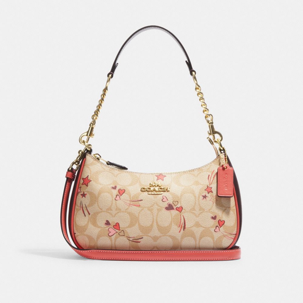 COACH CJ644 Teri Shoulder Bag In Signature Canvas With Heart And Star Print GOLD/LIGHT KHAKI MULTI