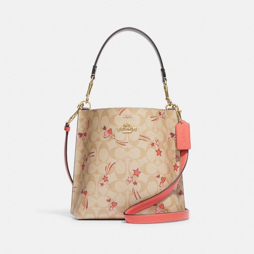 Mollie Bucket Bag 22 In Signature Canvas With Heart And Star Print - CJ645 - Gold/Light Khaki Multi