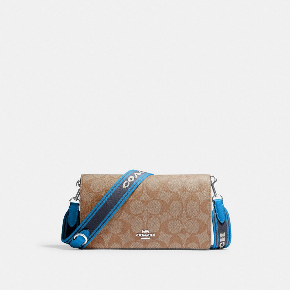 COACH CJ649 Anna Foldover Clutch Crossbody In Signature Canvas SILVER/KHAKI/RACER BLUE MULTI