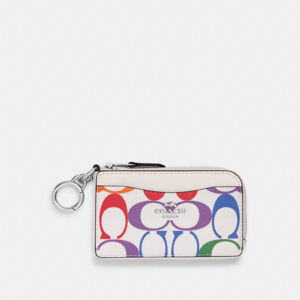 COACH CJ658 Multifunction Card Case In Rainbow Signature Canvas Silver/Chalk Multi